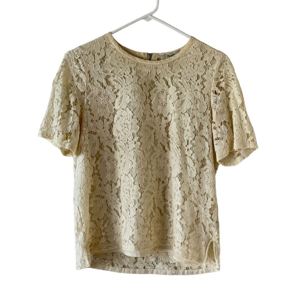 Madewell Cream Floral Lace Short Sleeve‎ Blouse Back Keyhole Closure Size Small